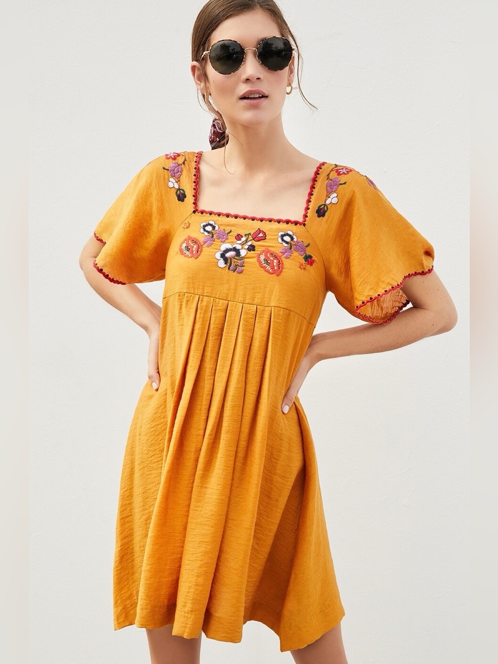 MADEWELL Embroidered Mustard Yellow Square-Neck 100% Cotton Mini Dress New Sz M